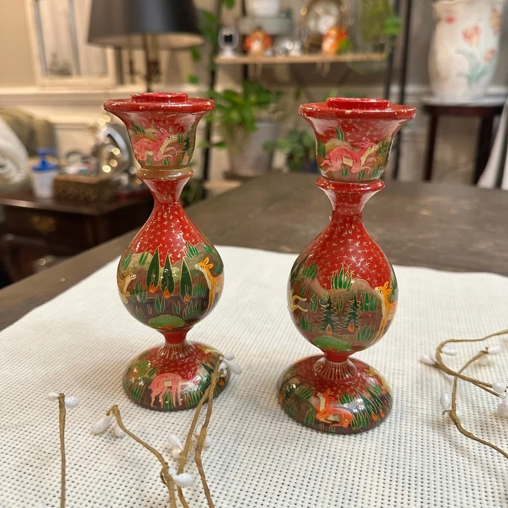 Hand‎ Painted Paper Mache Candleholders 2 Piece Vintage Deers